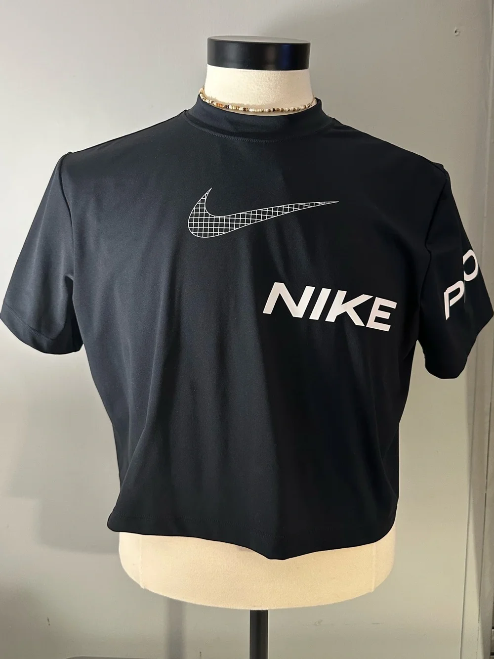 Nike Black Crop Tee with White Swoosh and Logo - Picture 1 of 6